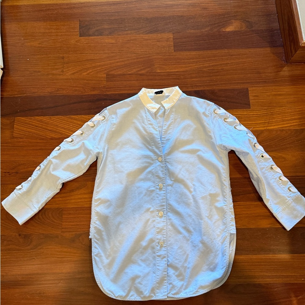 Sandro Sky Blue Button-Down Shirt with Lace-Up Sleeves